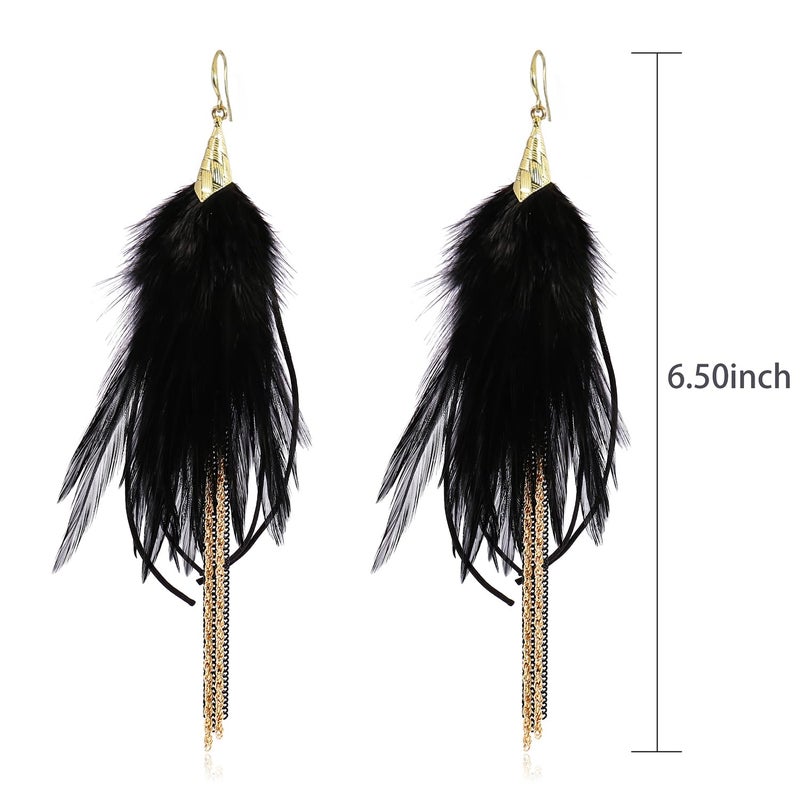 Badu Black Bohemian Feather Dangle Earrings for Women with Shell Beads Long Tassel Design Drop Earrings - Image 2